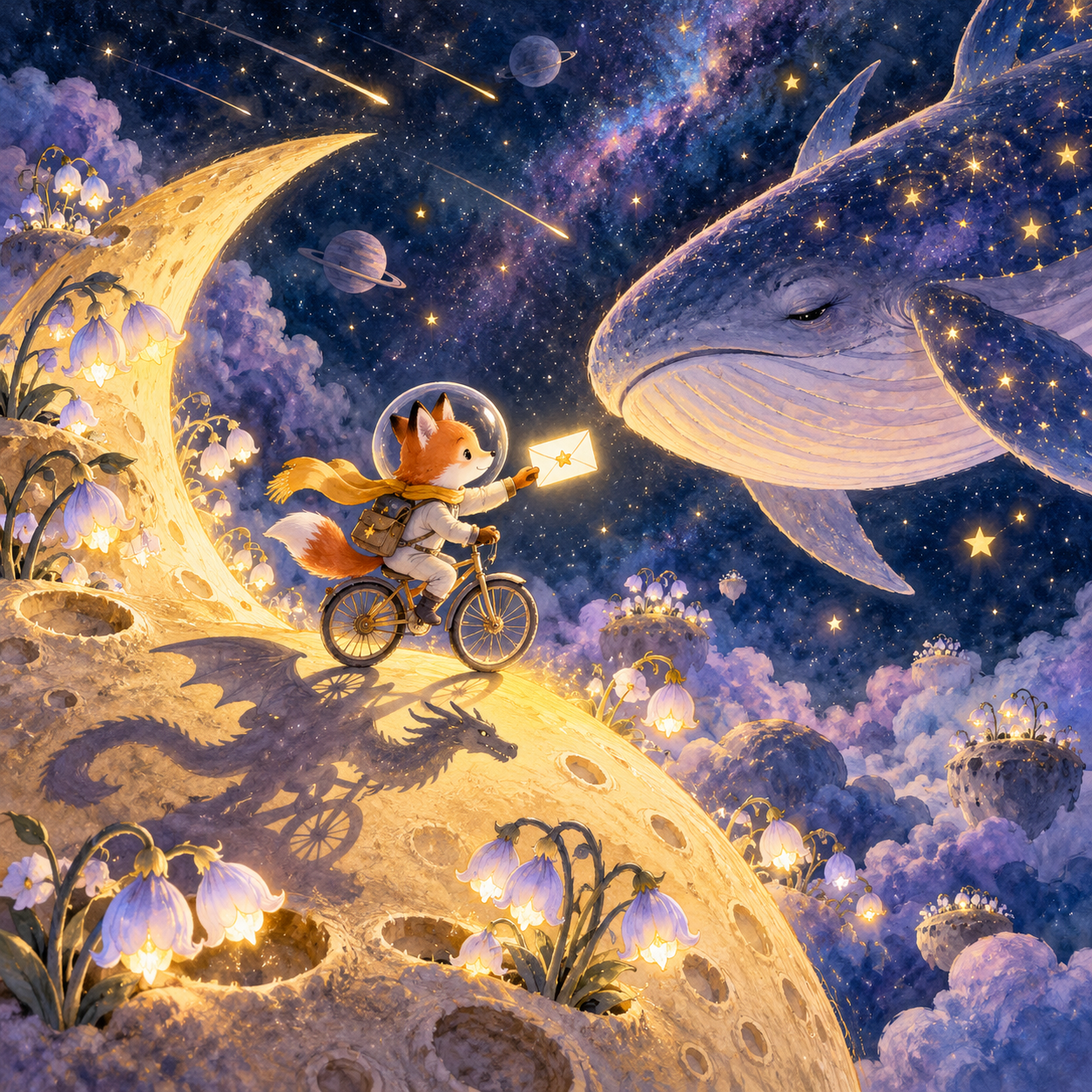 Illustrative artwork of a fox astronaut delivering a letter to a whale among the stars