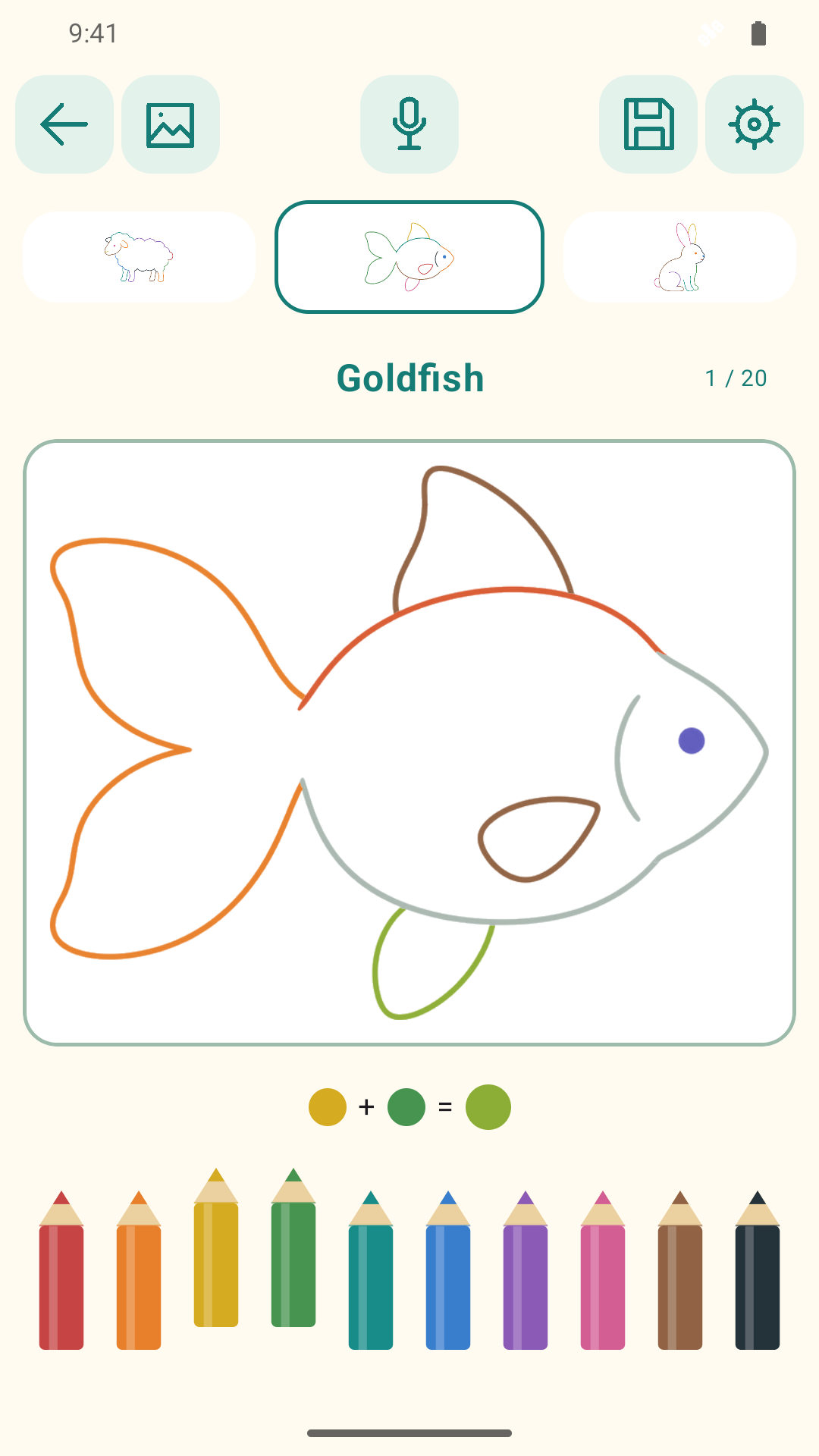 Actual Wonder Party coloring screen with a goldfish, animal choices and colored pencils