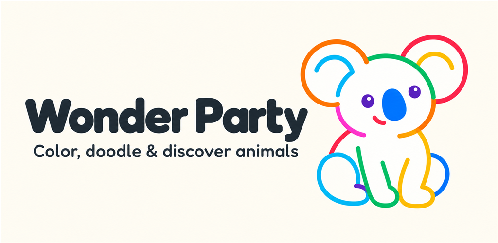 Wonder Party — Color, doodle & discover animals, with a colorful koala mascot